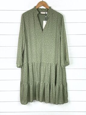 NWT ONLY CARMAKOMA Dress Chiffon Tiered Green Dot 14 Plus New